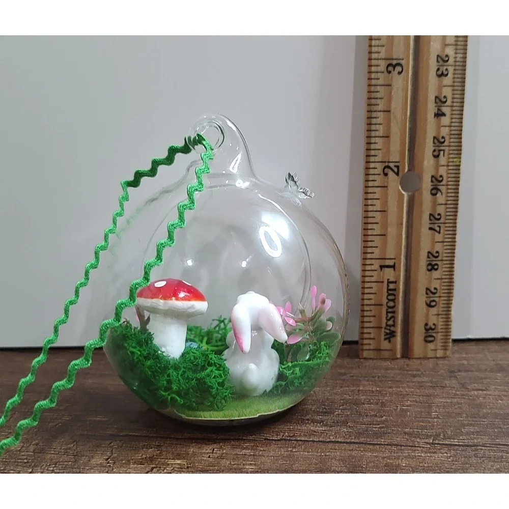 Handmade Glass Diorama Christmas Ornament Terrarium Fairy Garden Bunny Mushroom